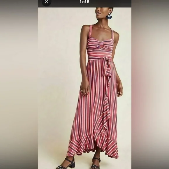 Anthropologie | Dresses | Nwt Maeve Anthropologie Gabriela Pink Red Striped  Ruffled Maxi Dress Size Xs | Poshmark